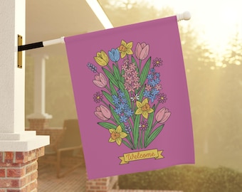 Outdoor Flag, Welcome Spring, Festive House Banner, Tulips Yard Decoration, Springtime House Wall Art, Hello Spring Garden Flag, Flowers -