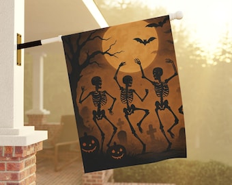 Garden Flag Halloween Dancing Skeletons Jack-o-Lanterns, House Banner Decoration, Scary Bats Full Moon Art Exterior Decor Spooky Pumpkins