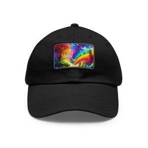 Peut inclure: Casquette de baseball noire avec un écusson coloré représentant un arc-en-ciel, des arbres et des oiseaux. L'écusson présente un design artistique vibrant avec un arc-en-ciel au-dessus d'un paysage. La casquette est faite d'un matériau durable.
