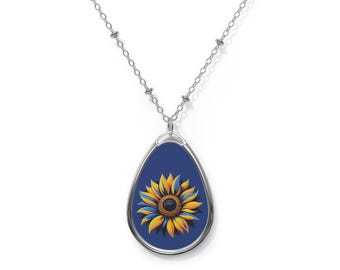 Ukraine Sunflower Oval Pendant Necklace, Blue and Yellow Jewelry