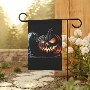 Flaga ogrodowa Jack-o'-Lantern, upiorny czarny kot, dekoracja na Halloween