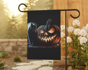 ジャック・オー・ランタンと黒猫のハロウィンガーデンフラッグ、不気味な庭用フラッグ
