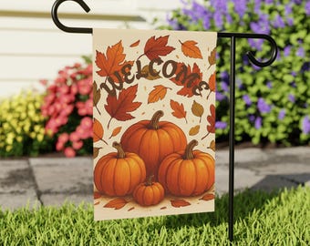Bandera de jardín otoñal, decoración de bienvenida para el jardín con hojas y calabazas de otoño, banderín otoñal para exteriores, bandera de otoño para el porche, decoración otoñal para el hogar