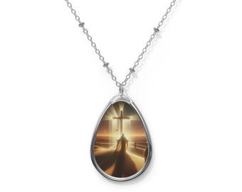 Religious Oval Necklace Pendant Blessed Jewelry for Her Mom Jesus Christ Cross Gift Holiday New Year Pendant Necklace Church Christian