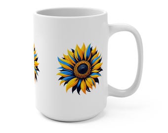 Sunflower Ukrainian Ceramic Mug 15oz, Blue Yellow Floral Tea Cup, Kitchen Coffee Gift, Ukrainian Flag Drinkware, Decorative Artisan Drink