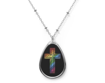 LGBTQ+ Religious Cross Oval Necklace Pendant Jewelry for Her Mom Jesus Christ Cross Gift Holiday New Year Pendant Necklace Church Christian