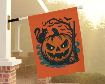 Halloween Jack-O-Lantern Pumpkin Garden Flag Spooky Primitive Halloween Decorations Art House Banner Exterior Decor Scary Holiday Black Cat
