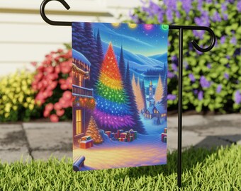 LGBTQ+ Christmas Tree Garden Flag, Rainbow Holiday Decor