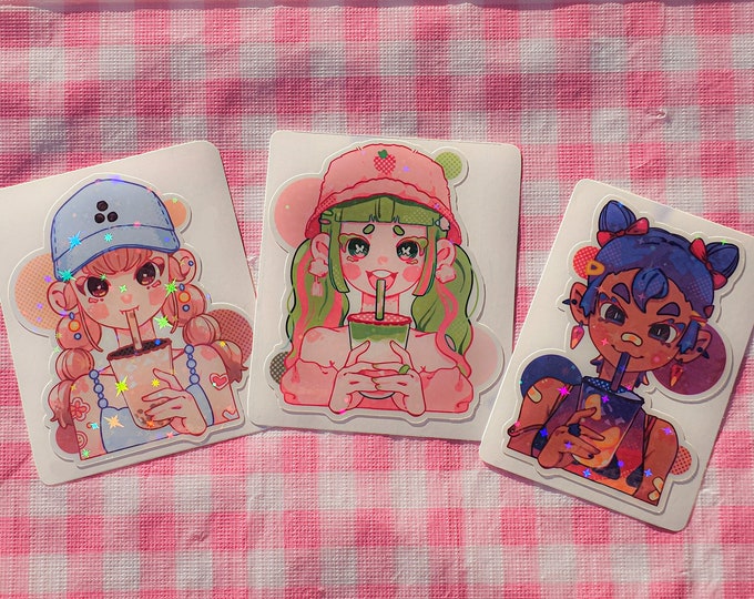 cute anime fashion girl boba holographic sticker