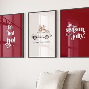 Vintage Santa Christmas Prints, Red Holiday Wall Art (3-Piece Set)