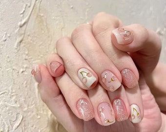 Handmade Pink Glitter Cherry Blossom Press-On Nails: Short Square, Reusable