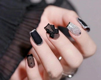 Matte Black Bow Press-On Nails: Silver Accent Coffin Nails