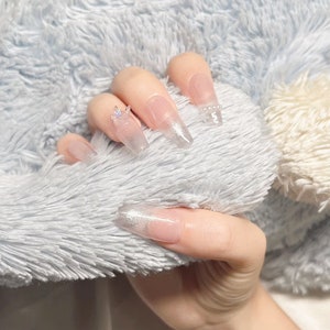 Glamorous Gradient Coffin Press-on Nails Soft Pink Coffin Nails with Butterfly Charms Handmade Press-ons | Gradient Nail Art