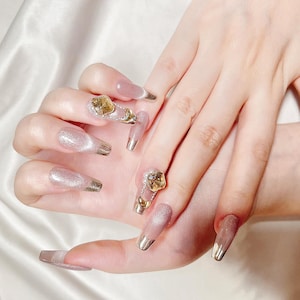 Handmade Iced Tea Brown Cat Eye Coffin Press-on Nails: Reusable Glam Nails