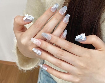 3D Angel Press-On Nails: Grey Blue Butterfly Rose Design