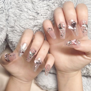 Glamorous Crystal Heart Coffin Nails - Handmade Press-on Tips with Butterfly DecorDreamy Pink  with Heart, and Butterfly Charms