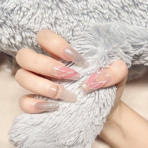Handmade Pink Floral Press-on Nails: Pearl Glitter Coffin Nails