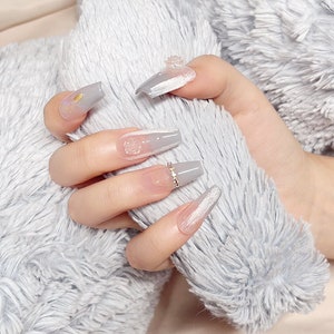 Handmade Gray & Pink Floral Press-On Nails: Coffin Gradient Design
