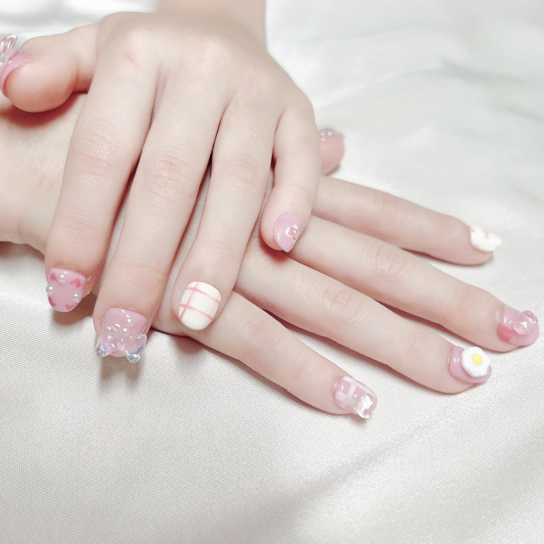 Cute My Melody Kids Press-on Nails Pastel Pink Heart and Bow Kids Press-on Nails Handmade Kids Nails