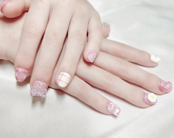 Cute My Melody Kids Press-on Nails Pastel Pink Heart and Bow Kids Press-on Nails Handmade Kids Nails