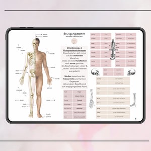 Puede incluir: Una tableta digital que muestra una ilustraci&oacute;n de anatom&iacute;a humana con etiquetas en alem&aacute;n. La ilustraci&oacute;n muestra un sistema esquel&eacute;tico y un sistema muscular. La tableta tambi&eacute;n incluye una tabla con t&eacute;rminos anat&oacute;micos y sus definiciones.