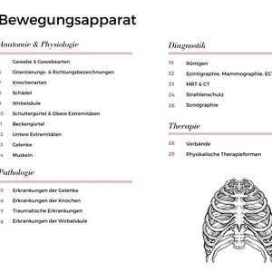 Puede incluir: Una ilustraci&oacute;n en blanco y negro del sistema esquel&eacute;tico humano, espec&iacute;ficamente la caja tor&aacute;cica. La imagen est&aacute; etiquetada como "Bewegungsapparat", que se traduce como "Sistema musculoesquel&eacute;tico" en espa&ntilde;ol. La imagen forma parte de una tabla de contenido de un libro de texto m&eacute;dico.