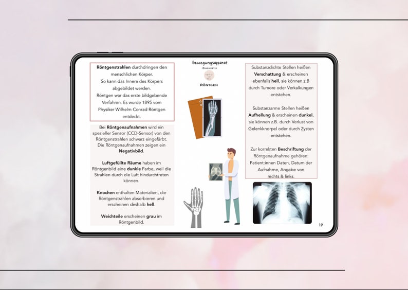 Puede incluir: Un diagrama que explica c&oacute;mo funcionan los rayos X y c&oacute;mo se utilizan para crear im&aacute;genes del cuerpo humano. El diagrama muestra una radiograf&iacute;a de una mano y una radiograf&iacute;a de t&oacute;rax. El texto explica que los objetos densos como los huesos aparecen blancos en una radiograf&iacute;a, mientras que los espacios llenos de aire aparecen negros.