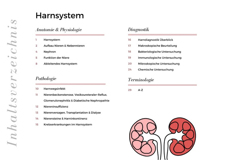 May include: Diagram of the human urinary system with a table of contents listing topics related to anatomy, physiology, pathology, diagnosis, and terminology. The diagram shows two kidneys in pink and red.