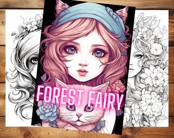 Forest Fairy Girls Fantasy Coloring Book cz. 2, Dorośli + dzieci - Natychmiastowe pobranie - Kolorowanka w skali szarości - Prezent, PDF do wydrukowania