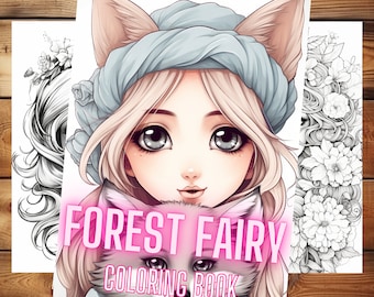 Forest Fairy Girls Fantasy Coloring Book cz. 2, Dorośli + dzieci - Natychmiastowe pobranie - Kolorowanka w skali szarości - Prezent, PDF do wydrukowania