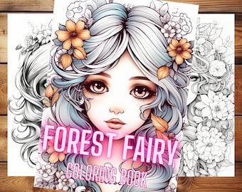 Forest Fairy Girls Fantasy Coloring Book cz. 2, Dorośli + dzieci - Natychmiastowe pobranie - Kolorowanka w skali szarości - Prezent, PDF do wydrukowania
