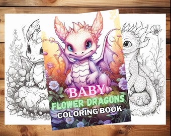 Kolorowanka Baby Flower Dragon Fantasy, dorośli + dzieci - natychmiastowe pobranie - Kolorowanka w skali szarości, do wydrukowania w formacie PDF, Kolorowanki smoków