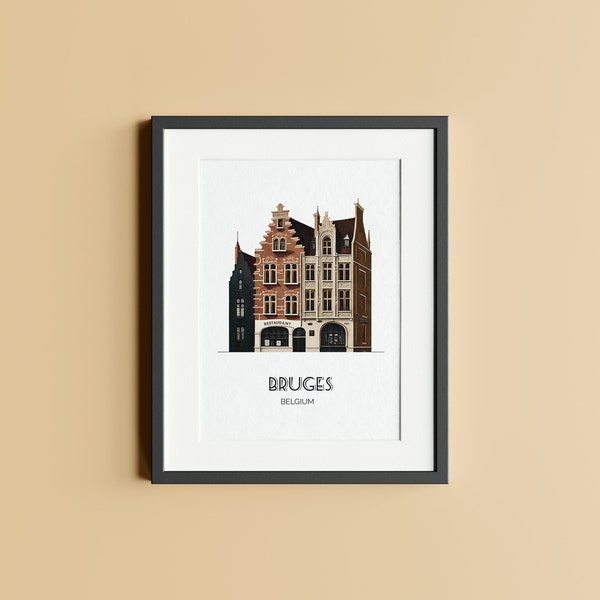 Bruges Streetscape Illustrated Art Print | Travel Art Print | Street Drawing | Bruges Travel Print | Belgium Art Print | Digital Download