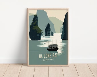 Vietnam Printable Travel Poster, Ha Long Bay, Digital Download, Minimalist Design, Wall Art, Muted Colours, Adventure Print