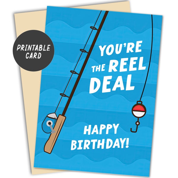Printable Fishing Birthday Card - Funny Punny Greeting Card, Minimalist Design, Digital Download, You're the Reel Deal