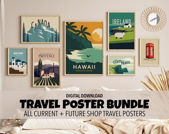 Lot d'affiches de voyage, plus de 30 affiches de voyage imprimables, art mural de galerie minimaliste, téléchargement numérique, toutes les affiches de voyage actuelles et futures