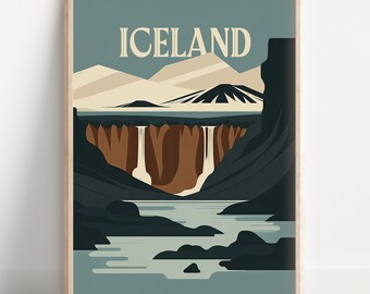 アイスランドの印刷可能な旅行ポスター、アイスランドの壁アート、ミニマリストポスター、デジタル壁アート、滝のポスター、アイスランド愛好家へのギフト
