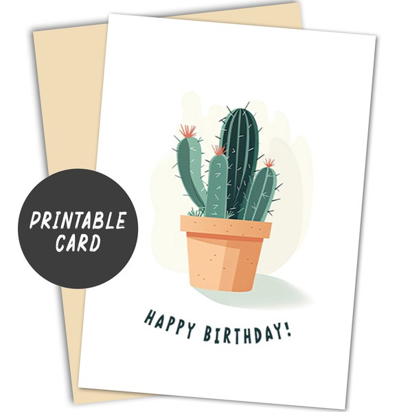 Printable Birthday Cactus Card, Minimalist Design, Instant Download, Cactus Print, Happy Birthday