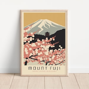 May include: A vintage-style poster featuring Mount Fuji with cherry blossoms in the foreground. The poster has a yellow background with the text "Mount Fuji Japan Cherry Blossoms".