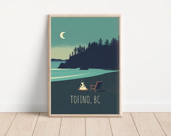 Cartel de viaje imprimible de Tofino, diseño minimalista, arte de pared de Canadá, arte de la costa del Pacífico, descarga digital, impresión de Columbia Británica, idea de regalo