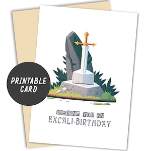 Tarjeta de espada de cumpleaños imprimible, diseño minimalista, descarga instantánea, descarga digital, tarjeta Excalibur, deseándole un cumpleaños Excali