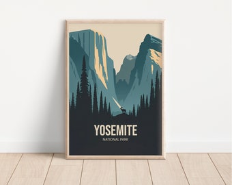 Może przedstawiać: Plakat w stylu vintage z niebiesko-zieloną ilustracją Parku Narodowego Yosemite. Plakat przedstawia pasmo górskie z wodospadem i sylwetką kozła górskiego. Tekst "Yosemite National Park" jest wydrukowany na biało na dole plakatu.