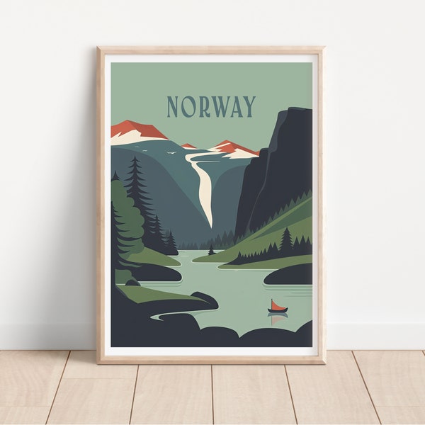 Affiche de voyage imprimable en Norvège, design minimaliste, art mural en Norvège, téléchargement numérique, impression norvégienne, idée cadeau pour les amoureux de la Norvège, Fjords de Norvège