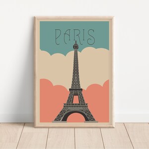 Cartel de viaje imprimible de la Torre Eiffel, diseño minimalista, arte de pared, París Francia, colores apagados, bandera francesa, idea de regalo, cartel de París