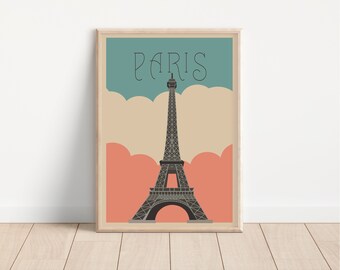 Eiffel Tower Printable Travel Poster, Minimalist Design, Wall Art, Paris France, Muted Colours, French Flag, Gift Idea, Paris Poster