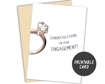 Printable Engagement Card, Instant Download, Ring Illustration, Minimalist Design, White Background, Congratulations On Your Engagement