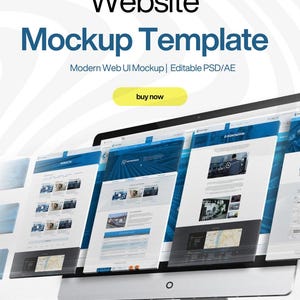 May include: A computer monitor displaying a website mockup template. The text "Website Mockup Template" is in blue and black. The mockup shows several website pages with blue and white designs. A yellow "buy now" button is visible.