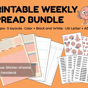 May include: Printable weekly spread bundle with 60 pages, 5 layouts, color and black and white options, US Letter and A5 sizes. Includes sticker sheets and headers. Features a brain cartoon character with glasses and a pencil.