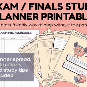 Peut inclure: Un planificateur d'étude d'examen imprimable avec un fond rose. Le planificateur comprend un calendrier de préparation aux examens, des conseils d'étude et des instructions. Le texte indique "EXAM / FINALS STUDY PLANNER PRINTABLE".