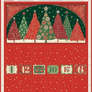 May include: A red fabric advent calendar panel featuring a top illustration of six stylized Christmas trees in red and green with gold stars. The panel includes twenty-four numbered pockets with gold star accents and printed assembly instructions.